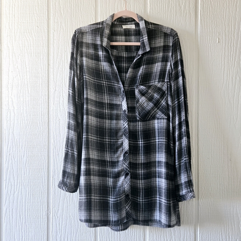 Bella Dahl Gray Black Plaid Flannel Button Down Tunic Longsleeve Small